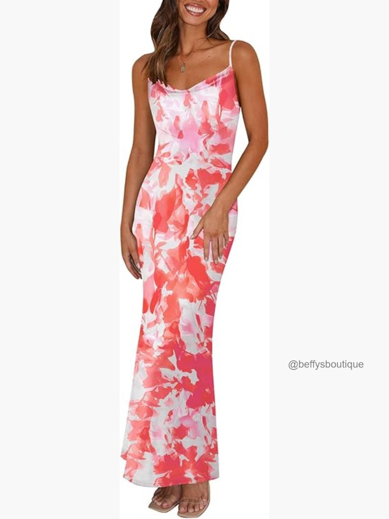 Spaghetti Strap Floral Bodycon Maxi Dress Backless Stretch Slip Dress